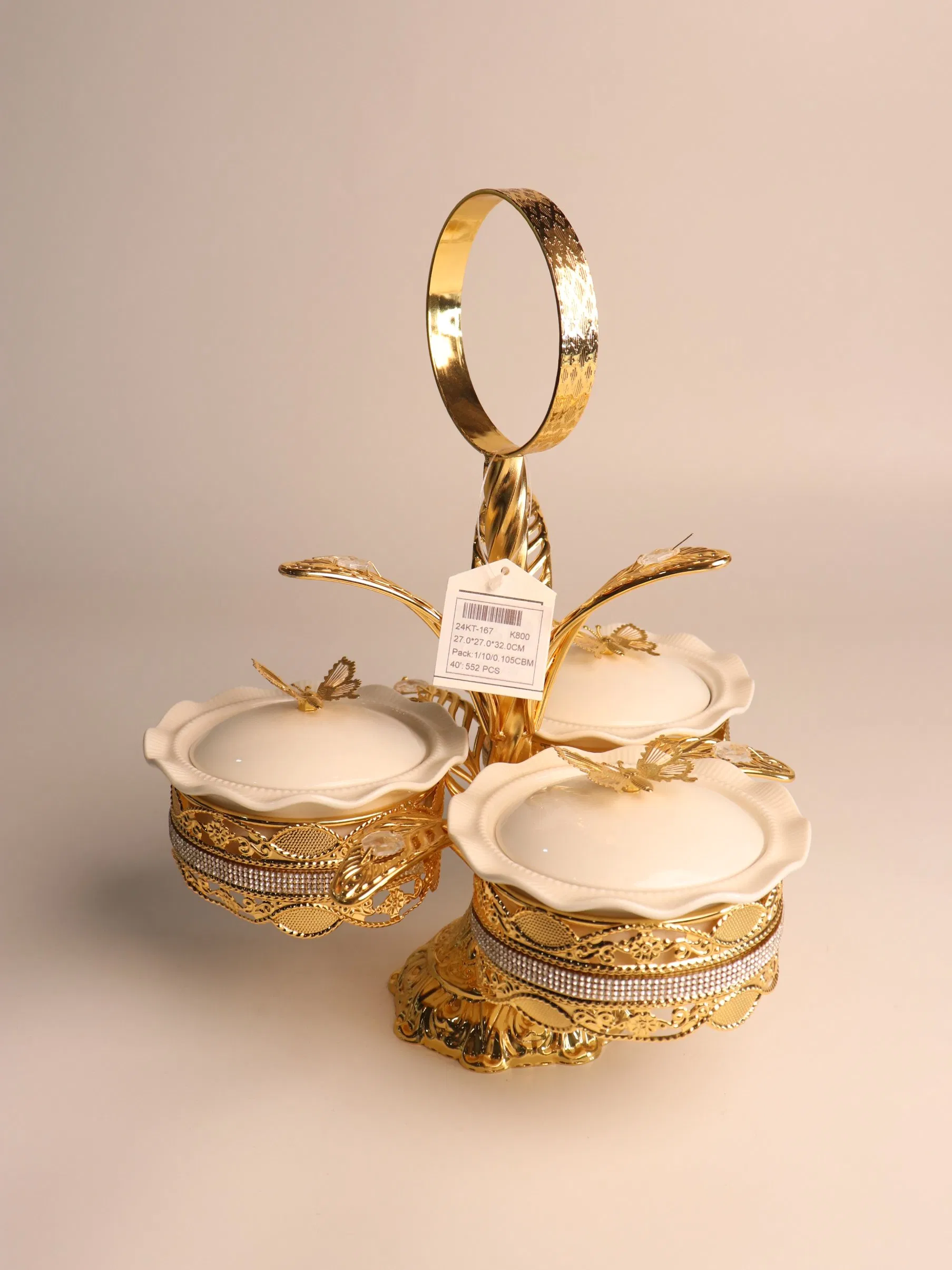 New High-End Gold-Plated Iron Strip with 3 Ceramic Bowls
