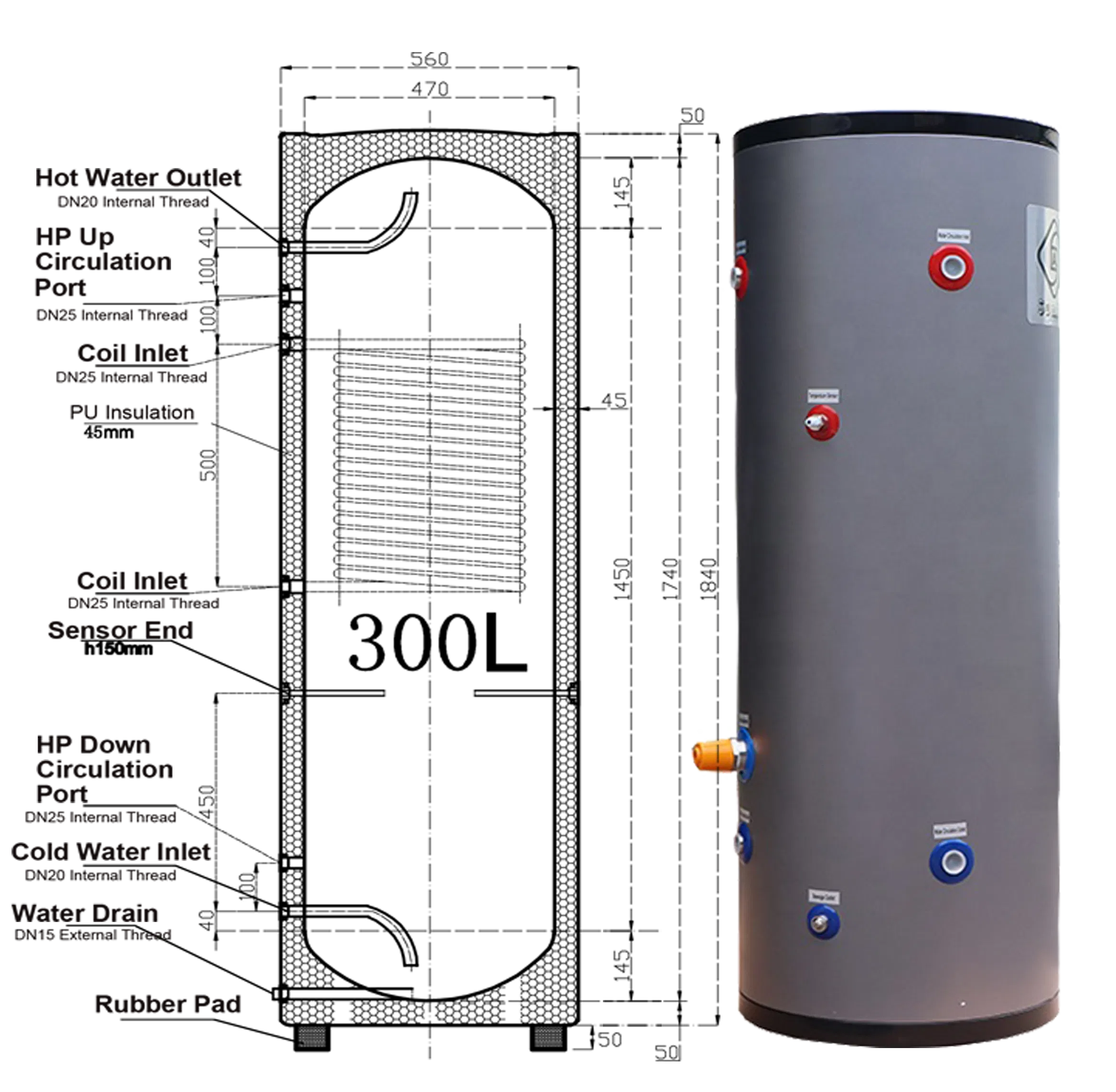 12+ Years Manufacturer Factory Supply -15dg CE CB R290 70d a++ Air to Dhw Water Heater Thermal Pump 4kw12 Hybrid Solar Heating Chilled Cylinder Tank