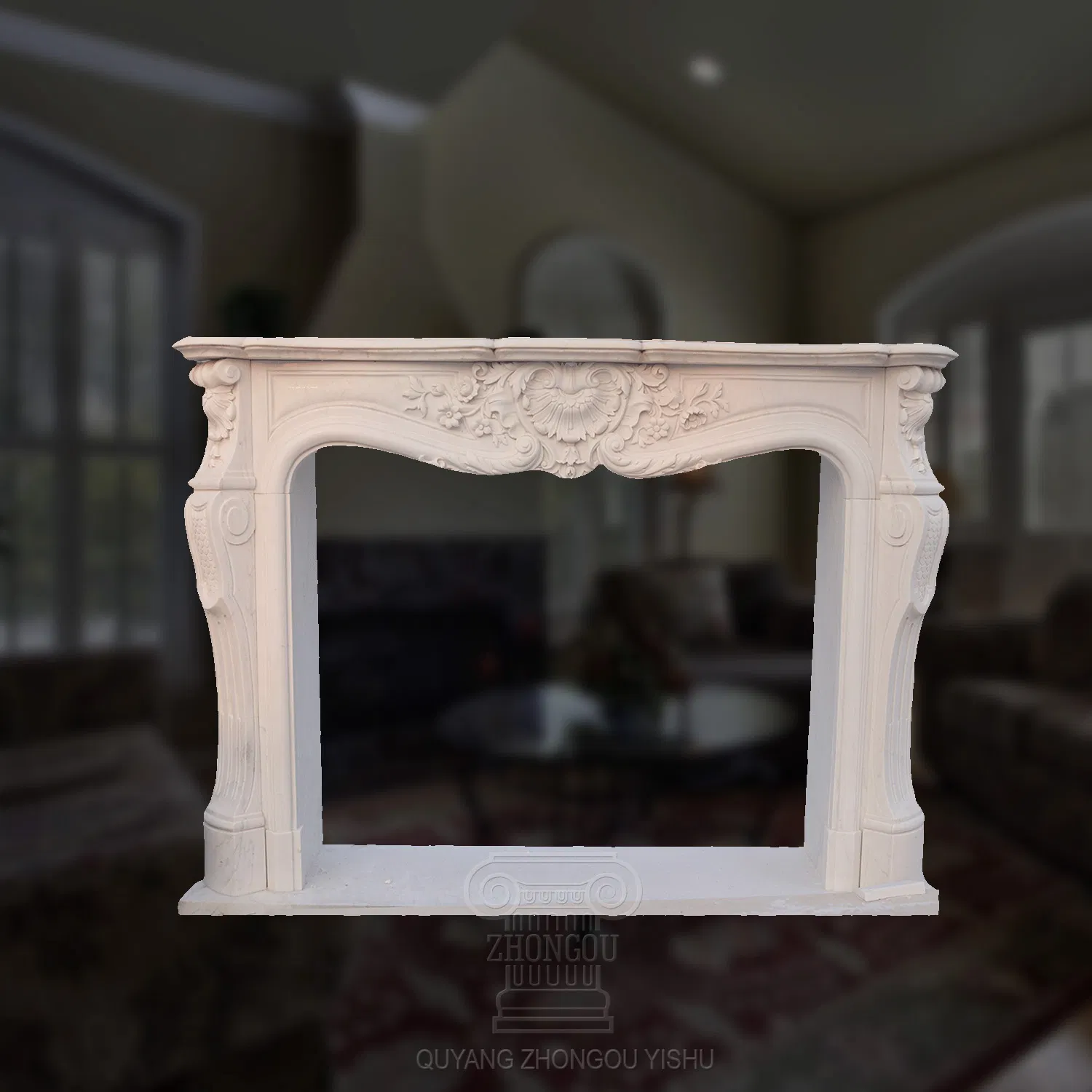Carved White Marble Fireplace with Patterns for Indoor Room Decoration