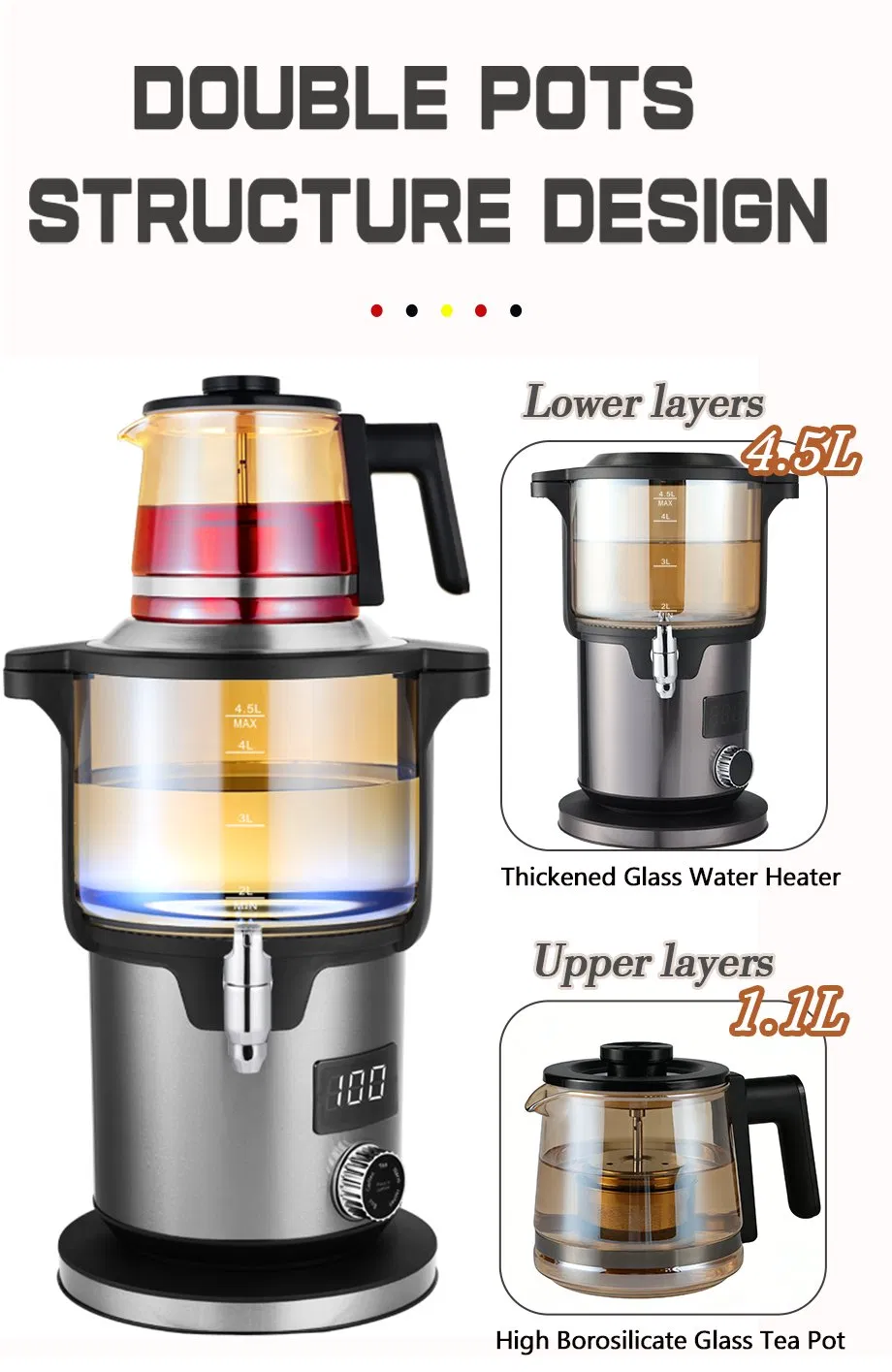 Top Sale Professional Electric Samovar Turkish Tea Boiler 1.1L Top Teapot+4.5L Body Electric Kettle with Keep Warm Tea