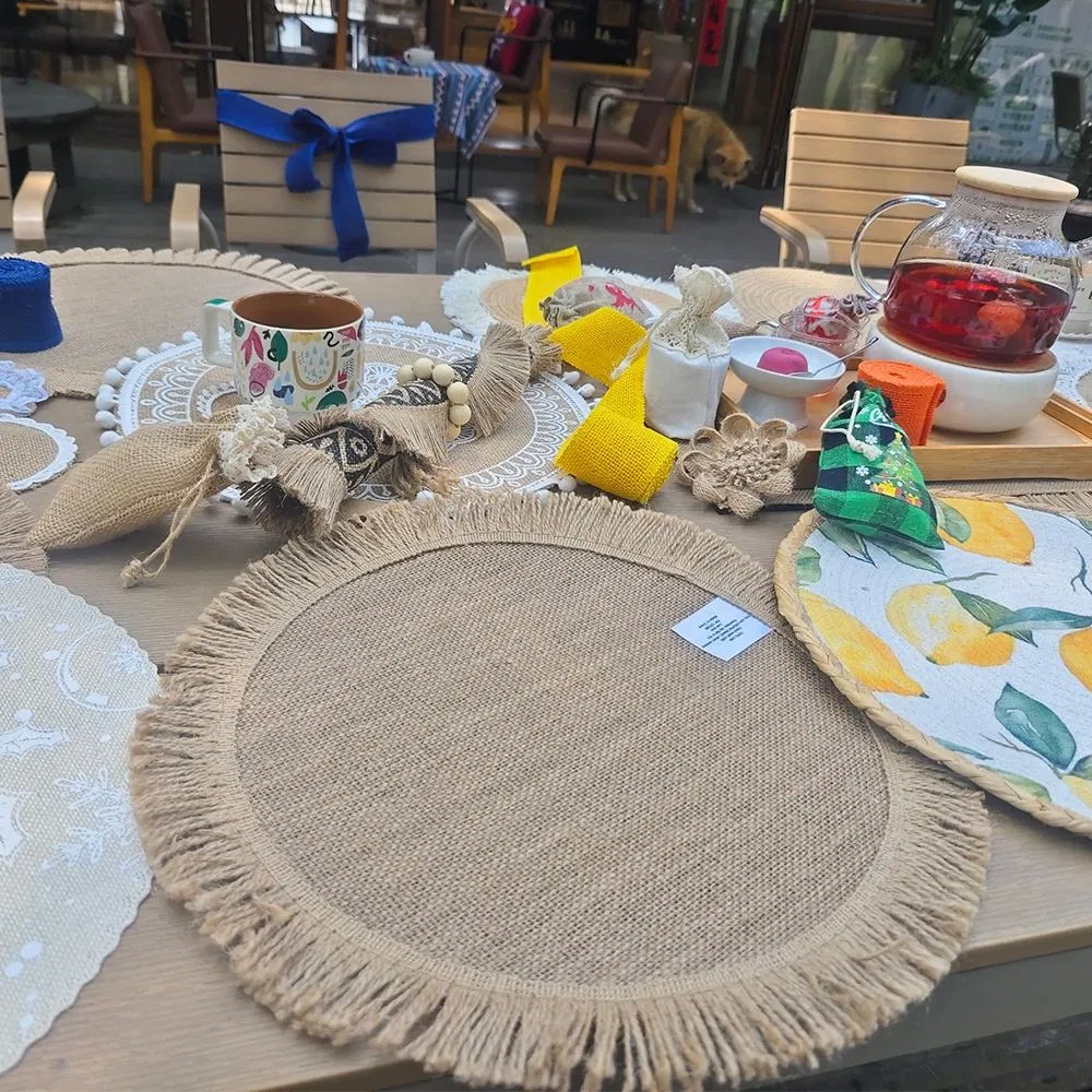 Farmhouse Round Jute Placemats with Fringe for Table Decorations 38cm