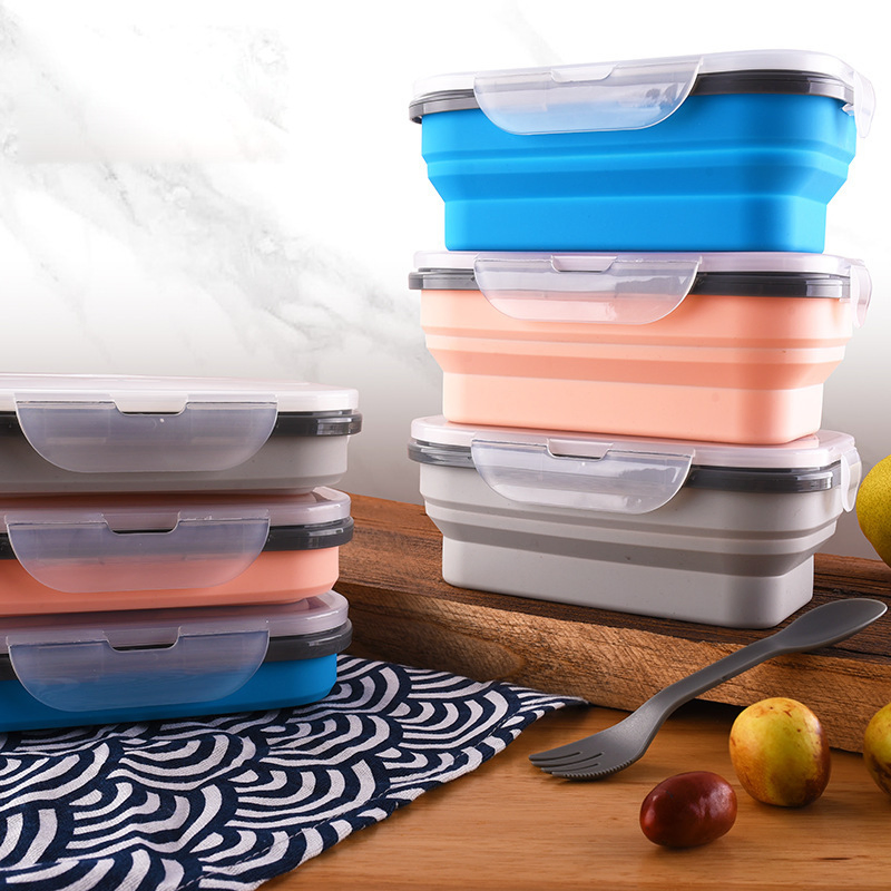 Outdoor Folding Portable Silicone Lunch Box with Compartments, Bento Box, Refrigerator Fresh-Keeping Box, Silicone Bowl, Microwave Heating Lunch Box