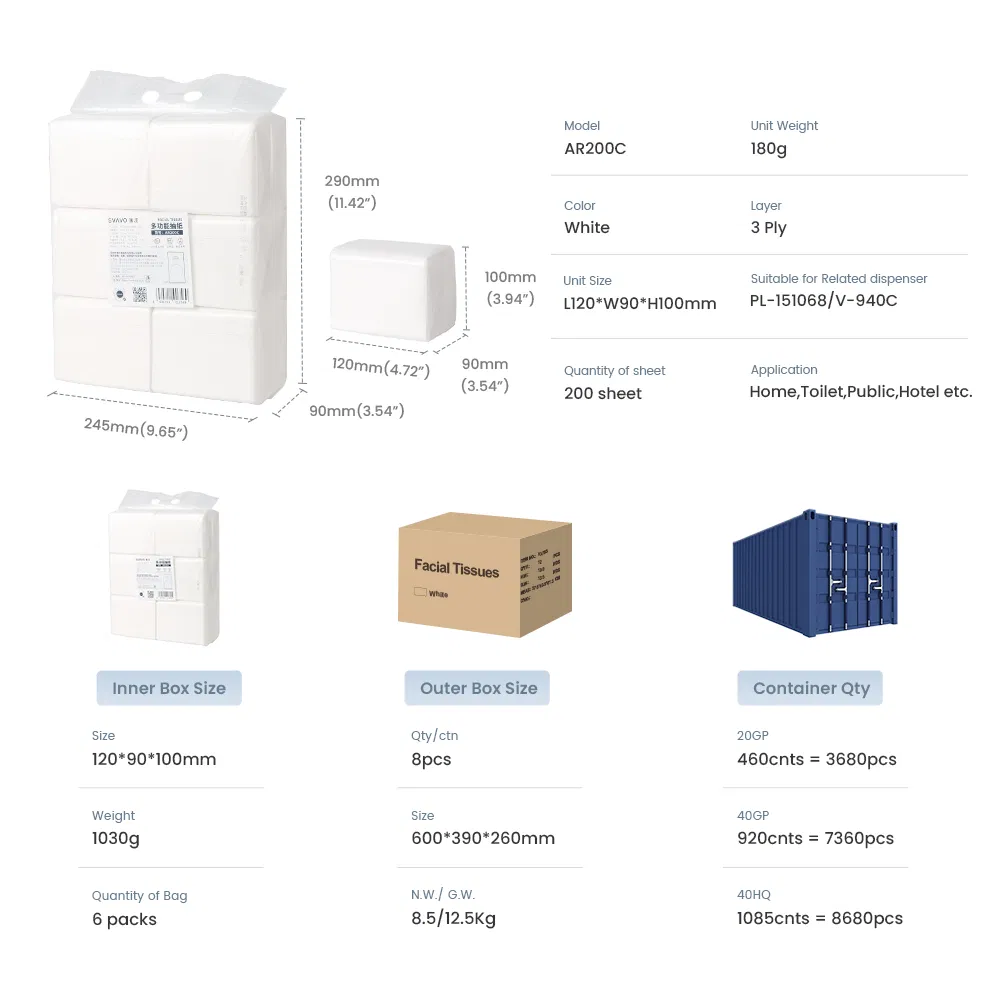 3ply 200 Sheet Disposable Soft Tissue Biodegradable Virgin Wood Pulp Facial Tissue Paper