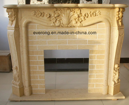 White/Beige Stone Fireplace, Electric Fireplace and Marble Fireplace Mantel
