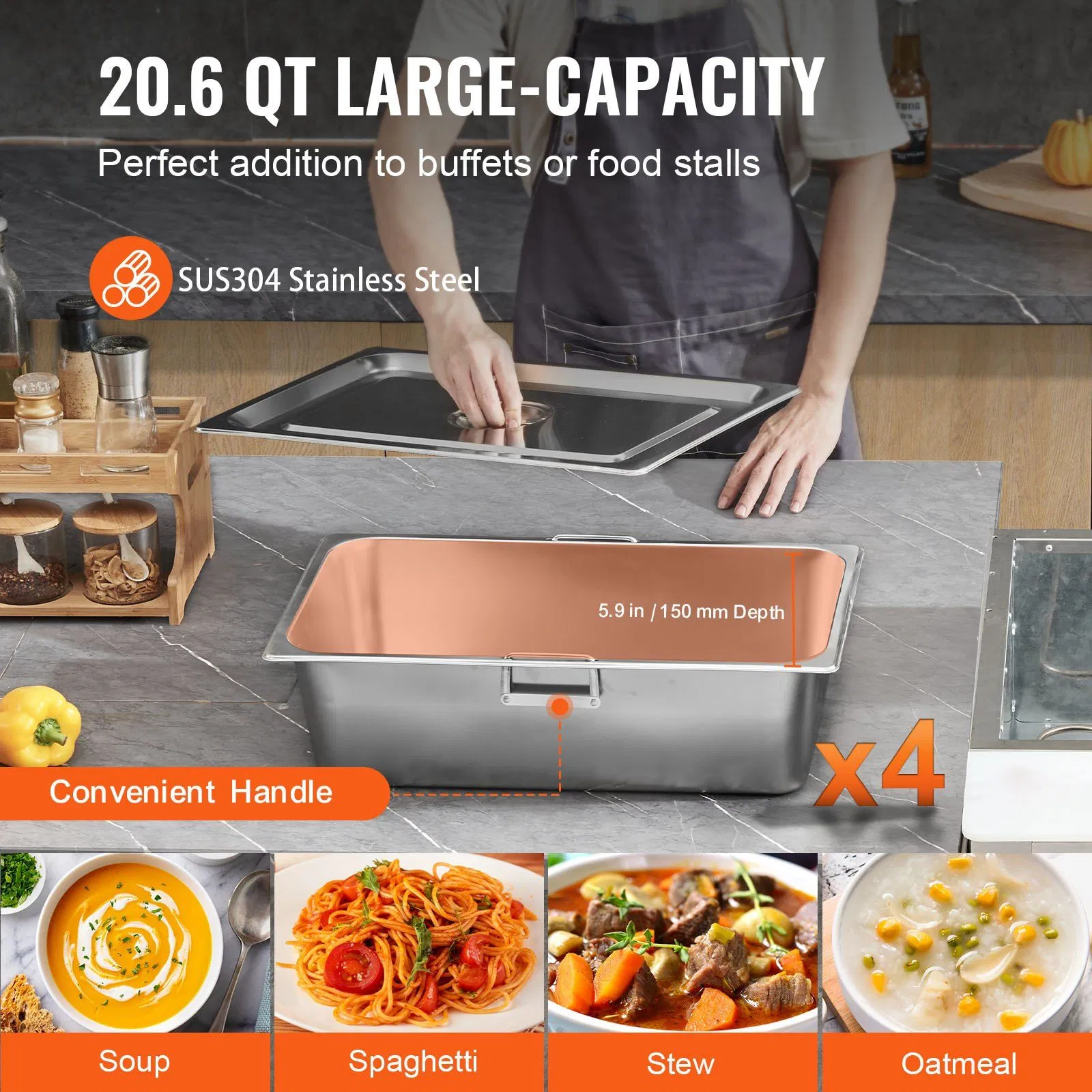 High-Capacity Food Warmer, 2000W Electric Stainless Steel Buffet Warmer