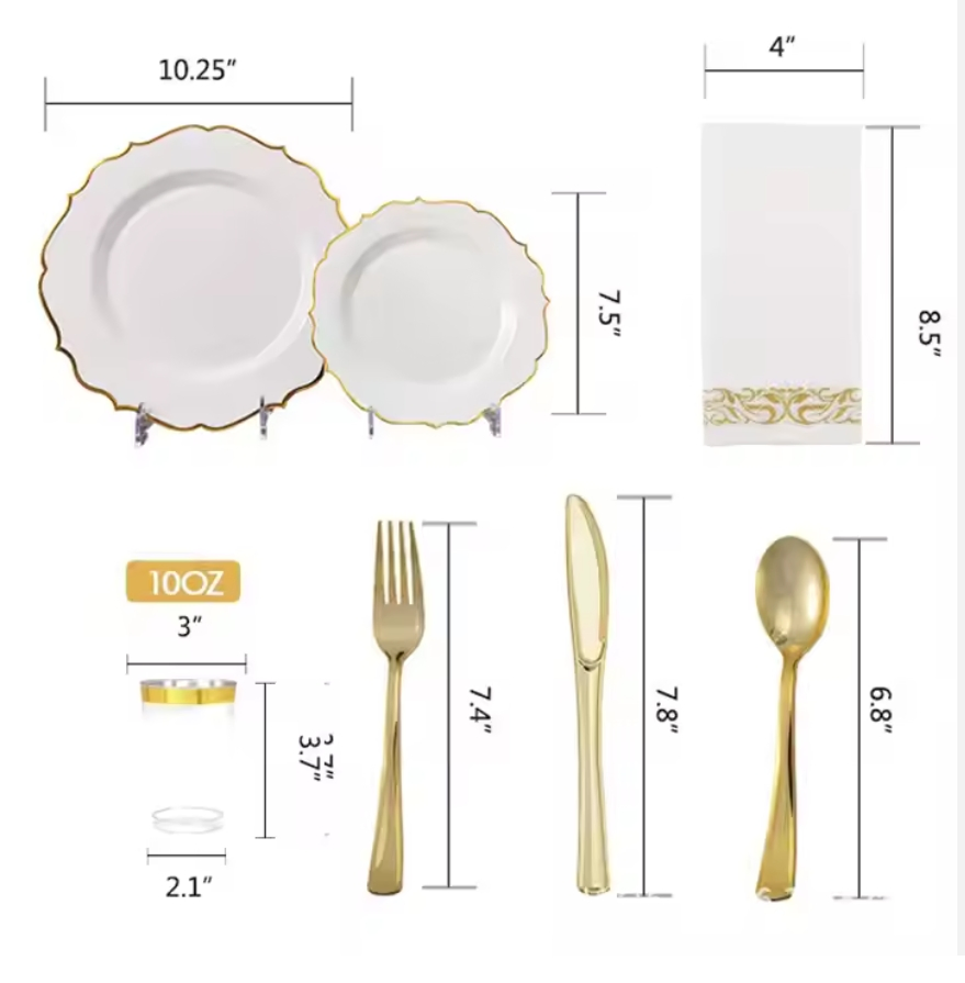 10.25inch Gold Disposable Table Dinner Wedding Decoration White and Gold Plastic Plates for Weddings & Parties & Thanksgiving