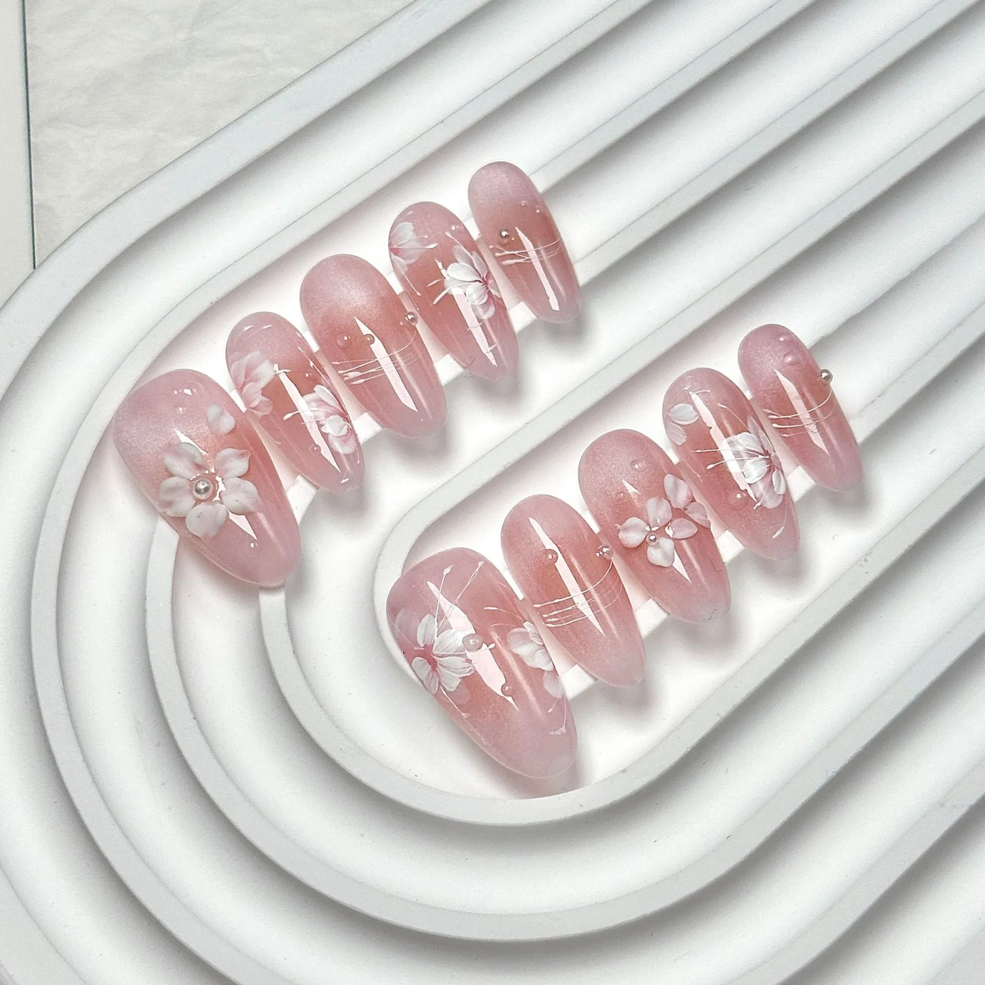 Wholesale Artificial Fingernails Pink 3D Flower High Quality False Nails Art