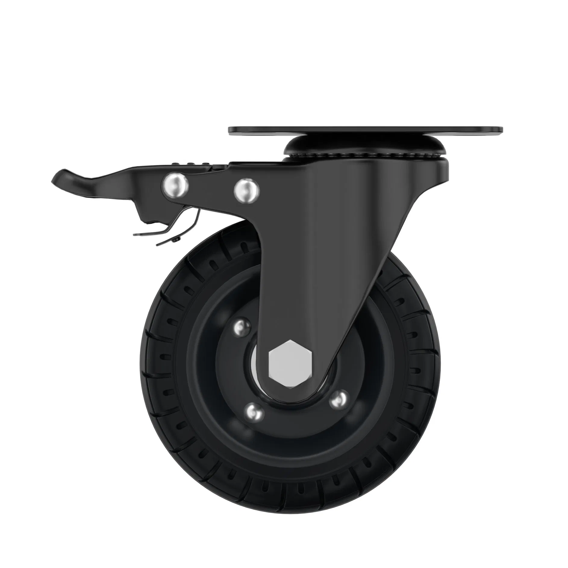 Plate Caster Wheel with Dual Brake, 4 Inch/100mm Solid Rubber Tire