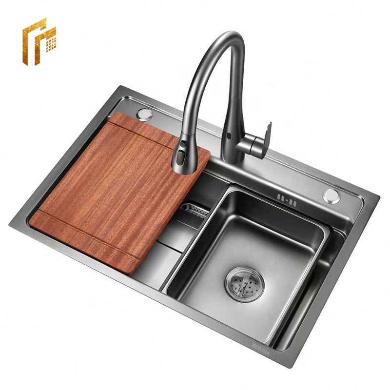 Above Counter New Silver 304 Stainless Steel High Quality Functional Luxury Handmade Waterfall Faucet Multifunction Single Bowl Kitchen Sink