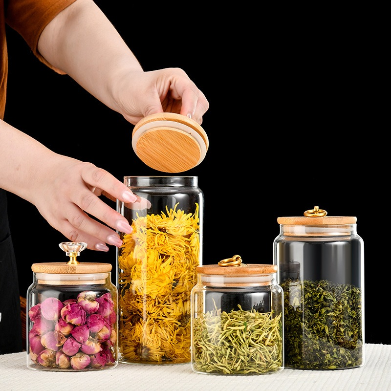 Airtight Storage for Food and Accessories Round Glass Jar with Wooden Lid