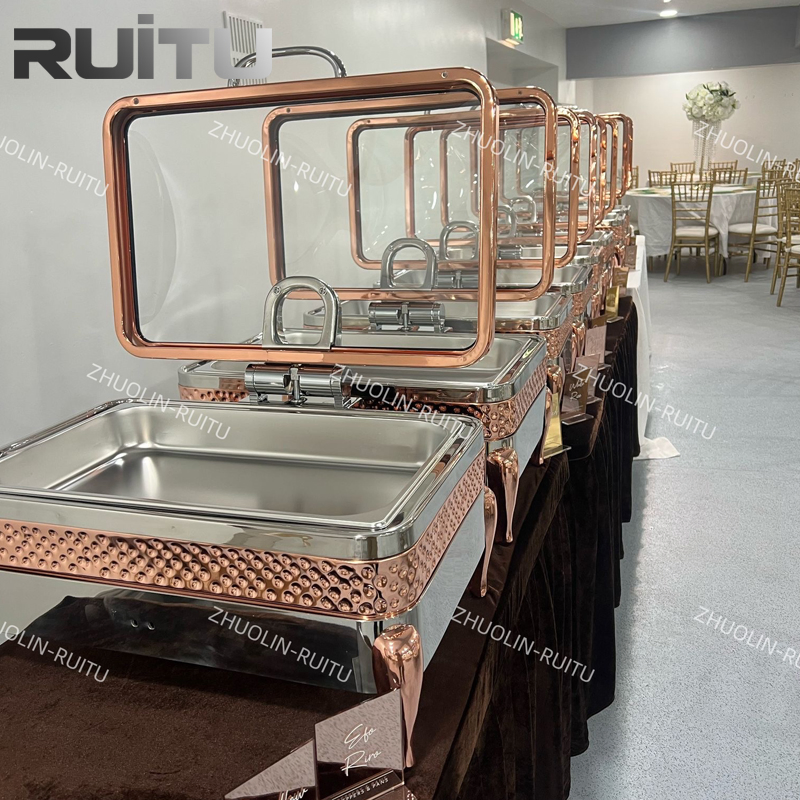 Restaurant Equipment Rose Gold Chaffer Dishes Luxury Glass Lid Induction 9L Cheffing Dishes Food Catering Stainless Steel Food Warmer Buffet Chafing Dish