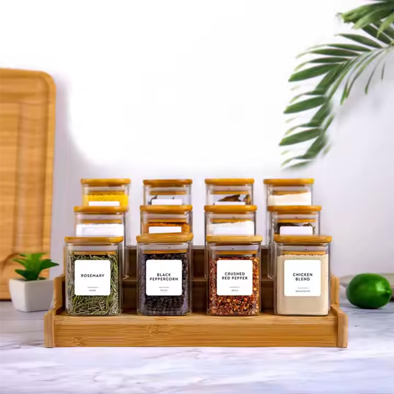 7oz 200ml Bamboo 3 Layers Ladder Frame 12PCS Set Square Bamboo Lid Glass Seasoning Jar