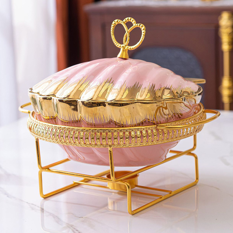 Shell Shape Ceramic Casserole Home Luxury Gold Tableware Heating Hotel Dry Soup Pot Gold Rack Food Wamer with Candle Holder