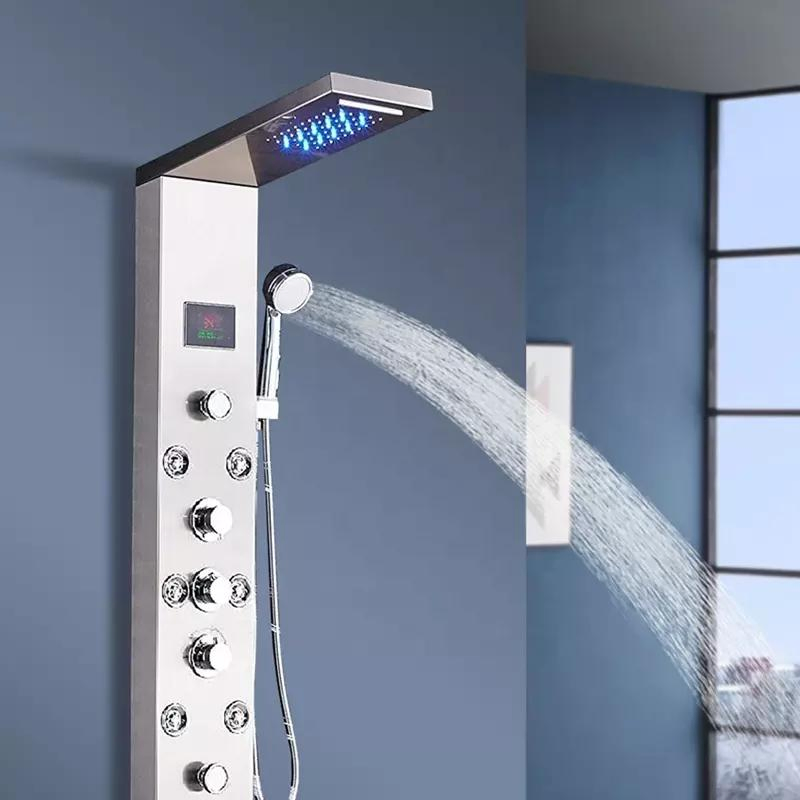 Shower Panel Temperature Display Bathroom Wall Mounted Stainless Steel Waterfall Shower Column Set Tower Jets LED Shower Panels