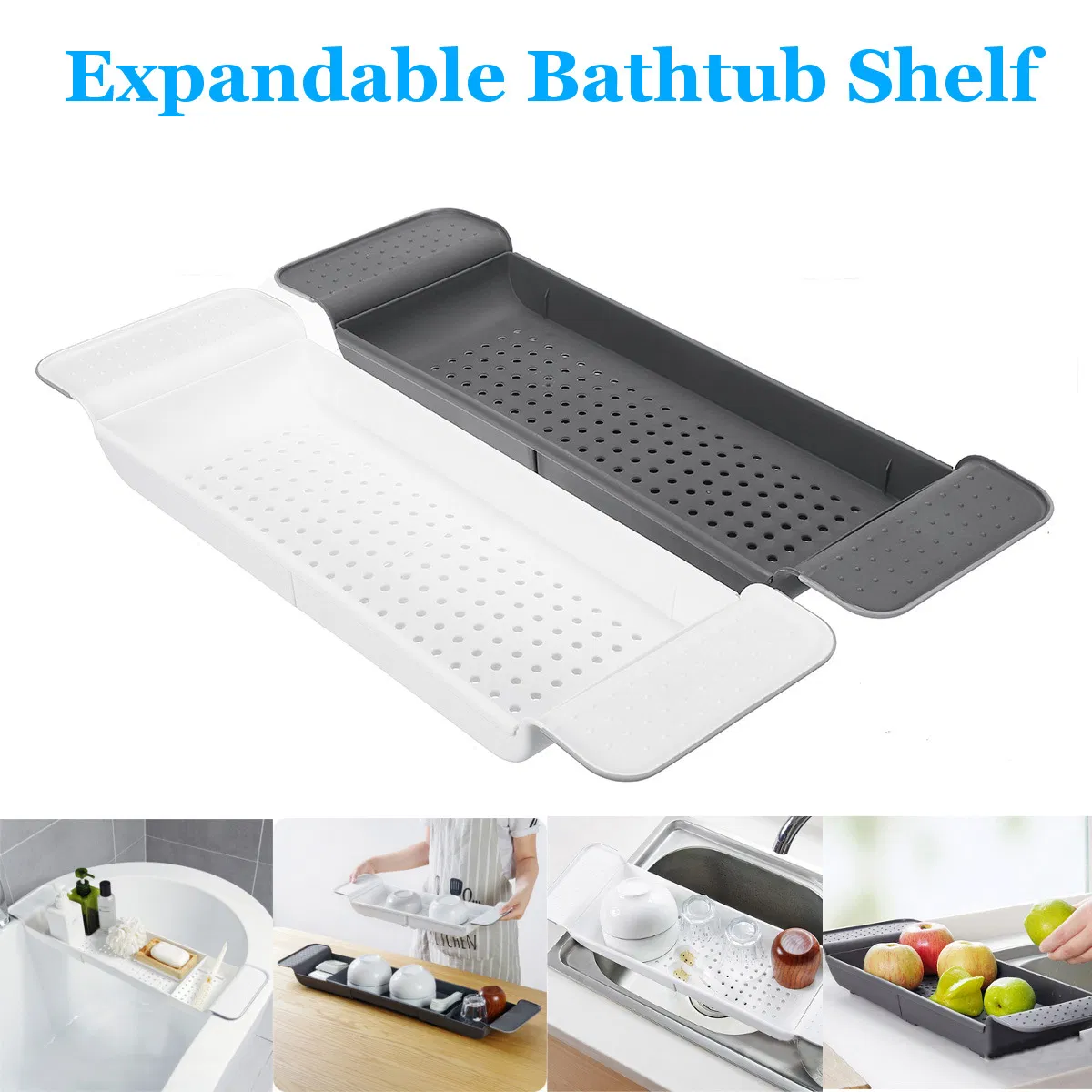 Expandable Drain Bath Shelf Caddy Tray Multifunctional Plastic Bathtub Tray