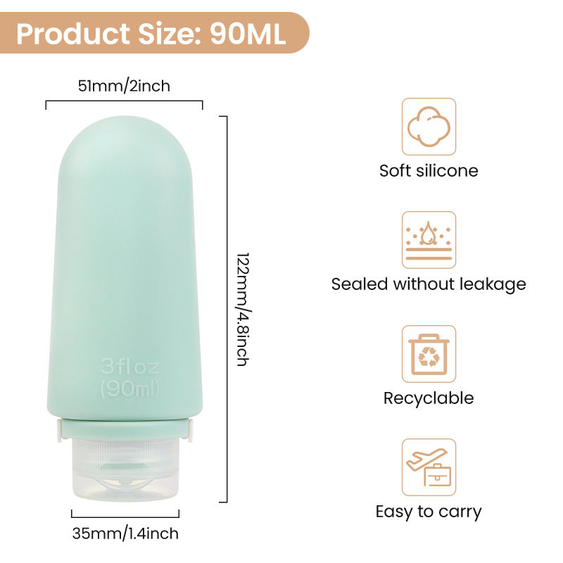 Tsa Approved Large Capacity 90ml 3 Oz Silicon Squeeze Reusable Food Grade Silicone Travel Shampoo and Conditioner Cosmetic Toiletry Set Bottle for Toiletries