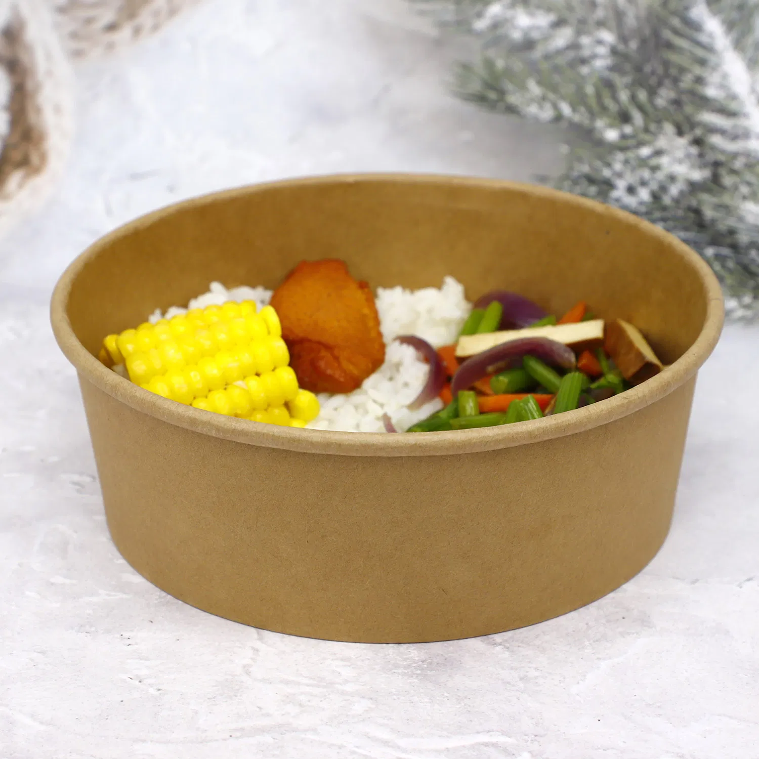 Disposable Food Container Brown Kraft Paper Soup Bowl with Lid