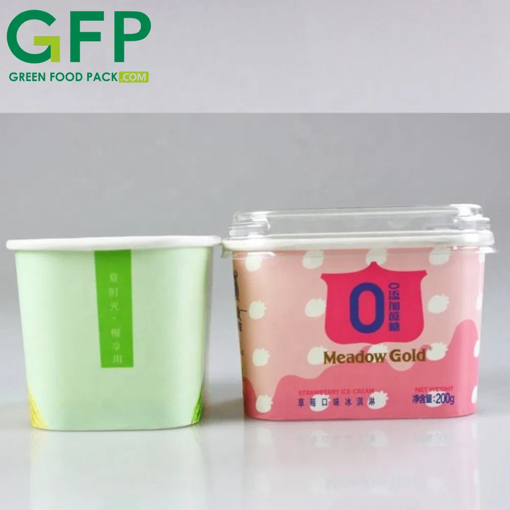 Disposable Biodegradable Square Ice Cream Paper Cup Gelato Food Container Rectangle Shape Paper Cup with Plastic Lid