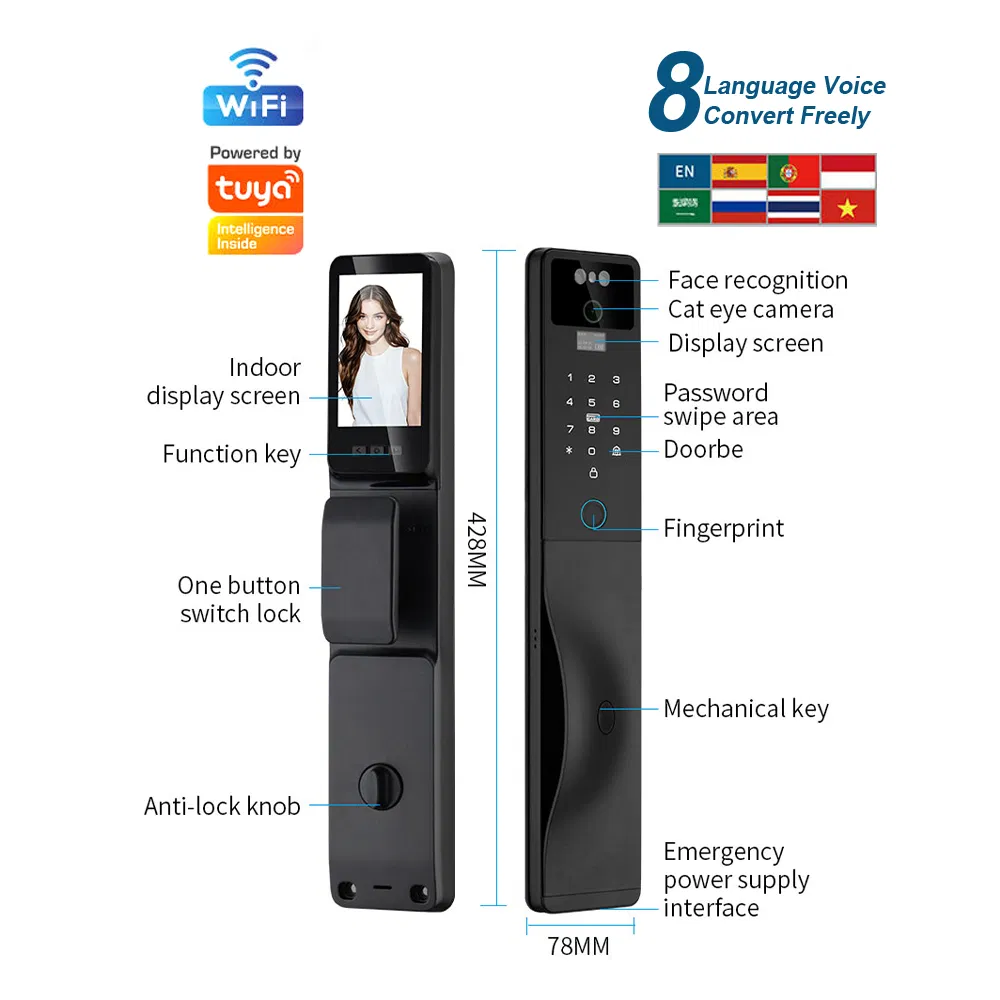 3D Face Recognition Smart Door Lock with Camera Tuya WiFi Biometric Door Smart Digital Lock