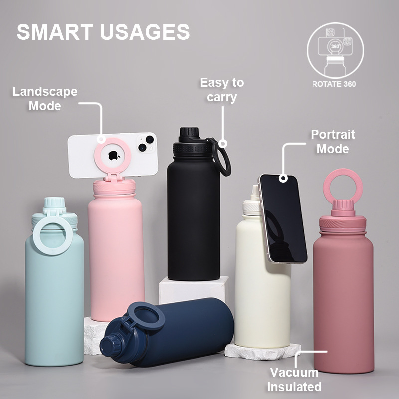 Water Bottles with Phone Holder Sport Running Insulation Drinking Bottle with Magnet Lid