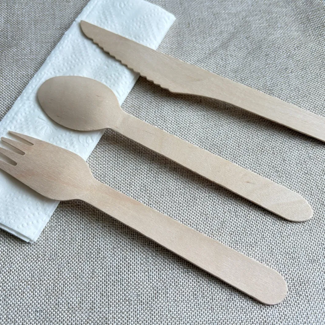 Disposable Biodegradable Flatware Including Spoon Fork Knife Made From Birch Wood
