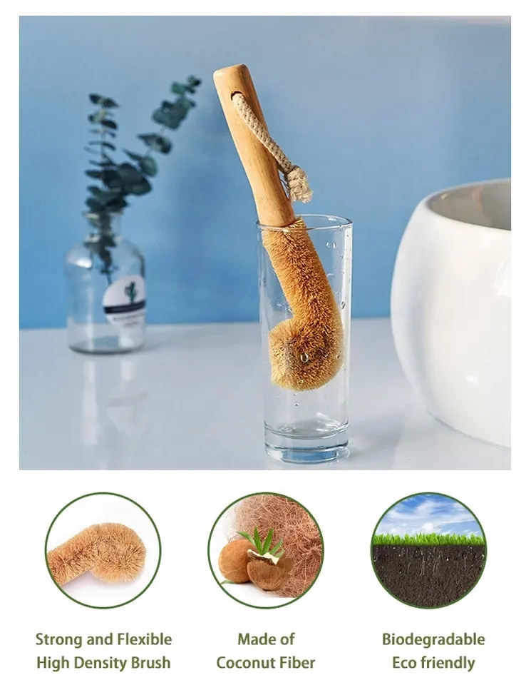 Щетка для мытья бутылок из кокосового волокна с деревянной ручкой