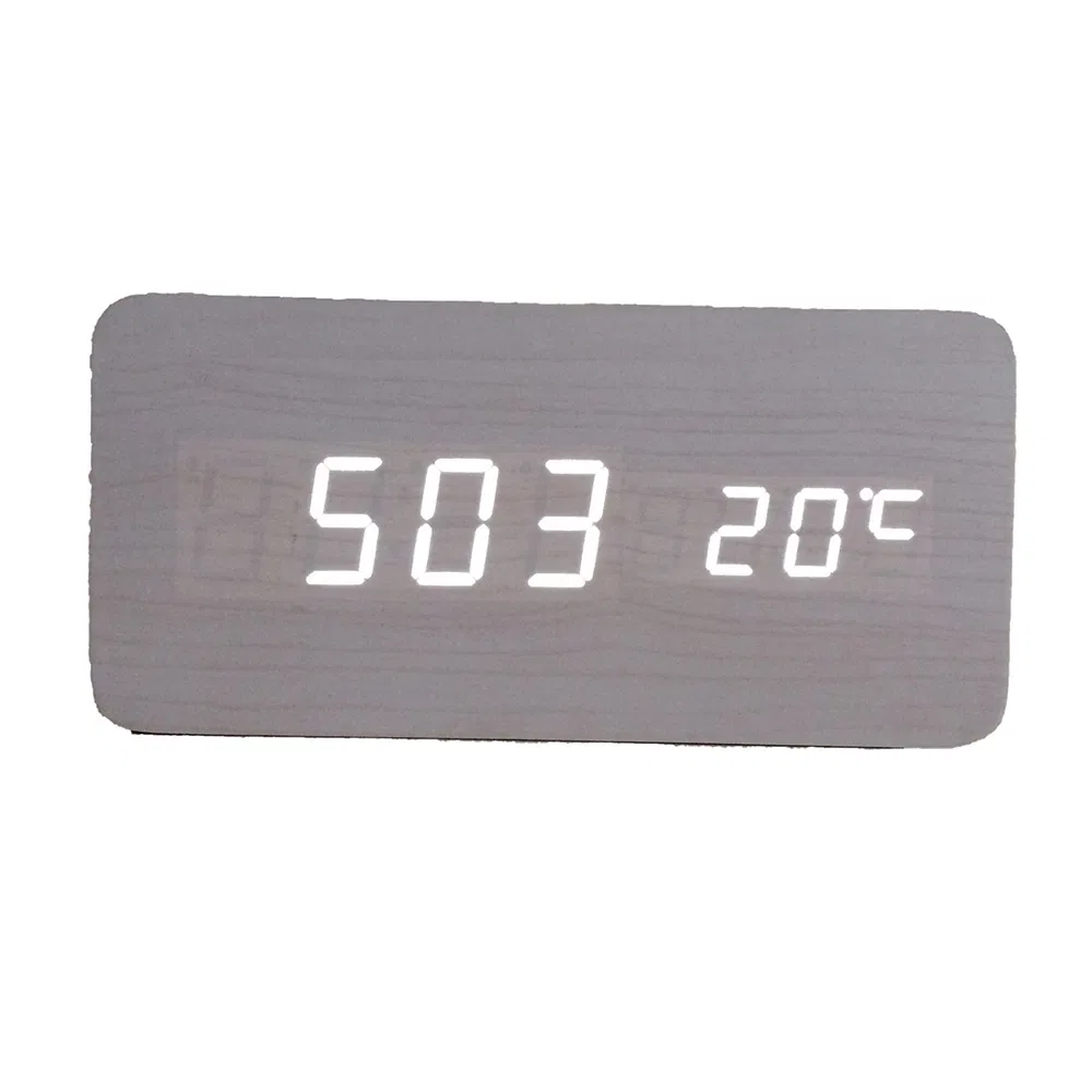 White Wood Effect LED Alarm Temperature Display Clock