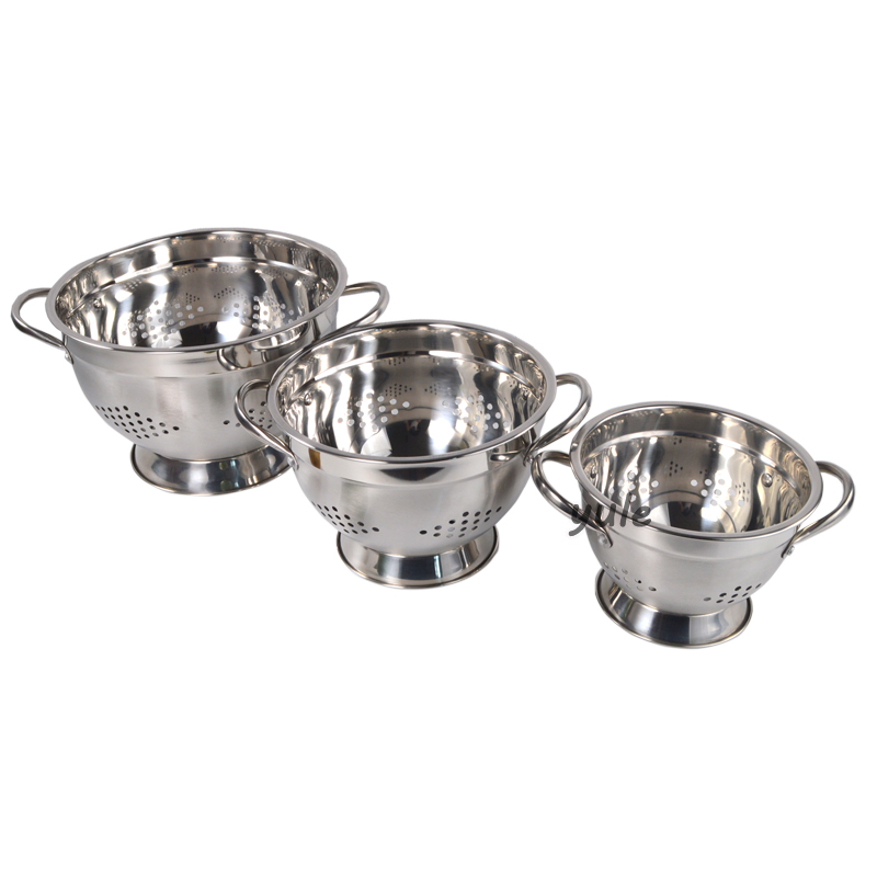 High Quality Kitchenware Fruit Colander 18/22/26cm Stainless Steel Round Strainer with Double Handle Vegetable Colander