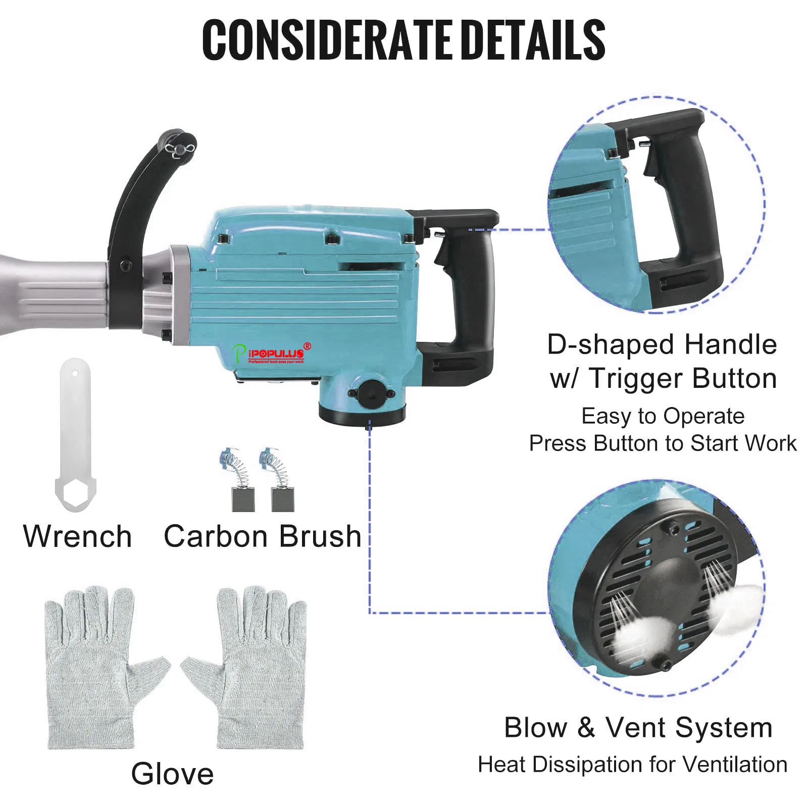 Отбойный молоток электрический Ipopulus MX2505, 2000Вт