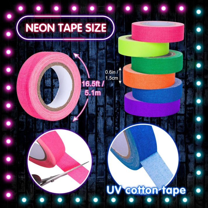 6 Colours Neon Gaffer Cloth Tape Fluorescent UV Blacklight Glow in The Dark Tape for UV Party