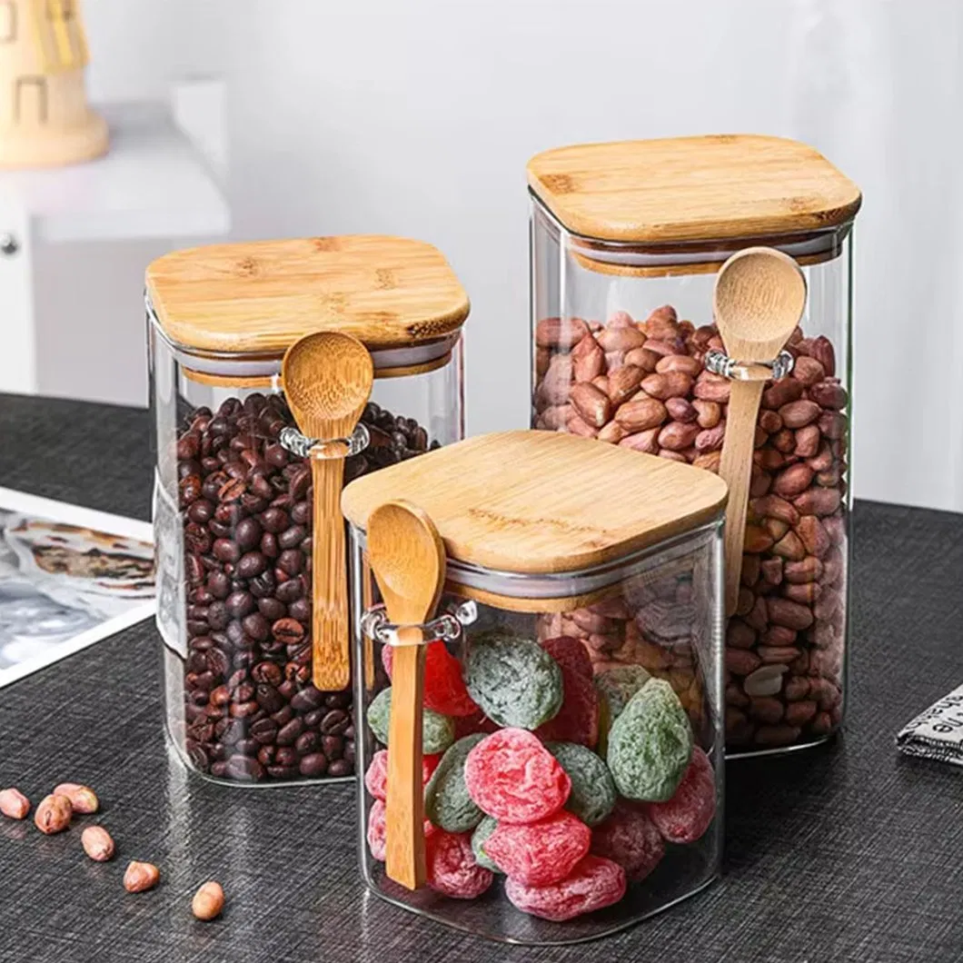 Wholesale Factory Pricelead Free Square High Borosilicate Airtight Glass Bottle with Seal Bamboo Lid and Spoon