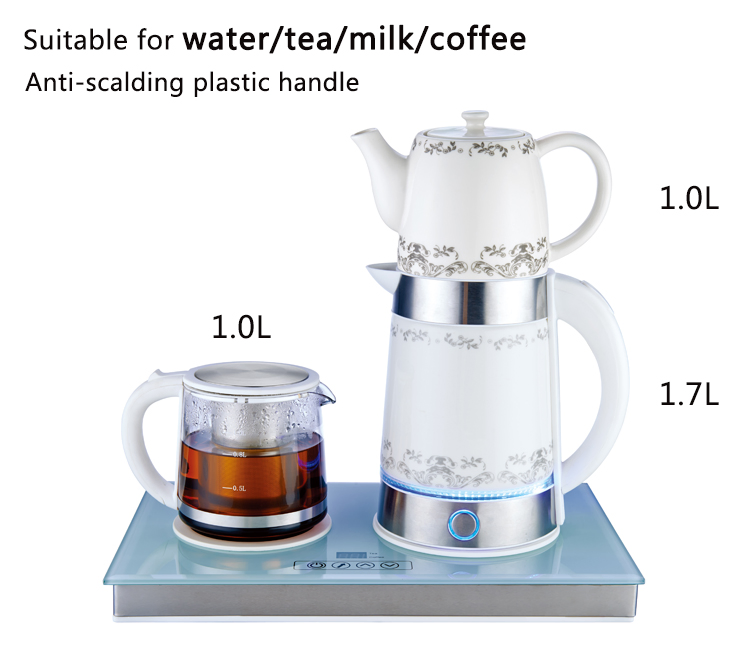 Ceramic Double Tea Pot Water Kettle Set Electric Iranian Samovar 2-in-1 Turkish Tea Maker and Tea Tray