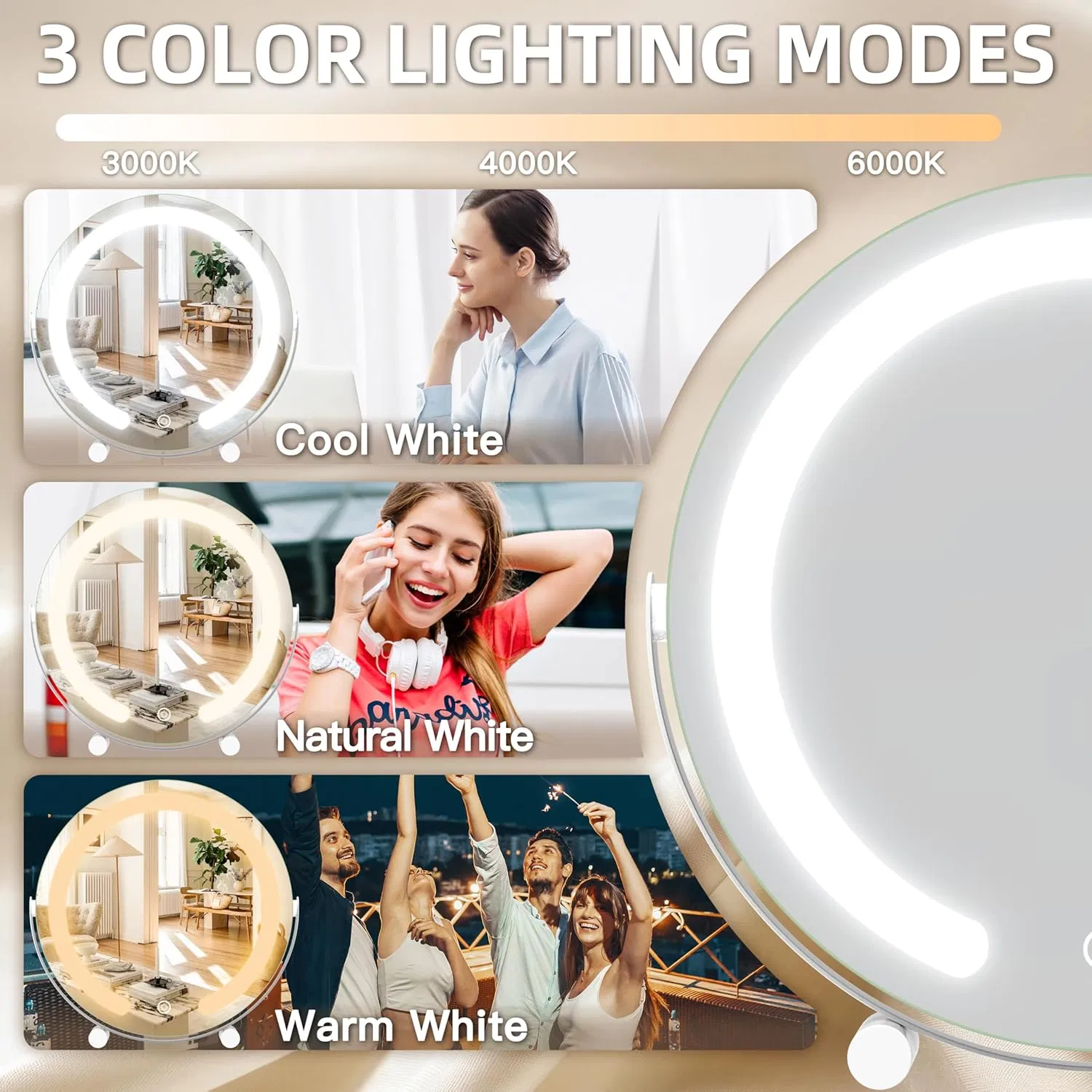 Jinghu Vanity Mirror with Lights LED Lighted Makeup Mirror Round Makeup with 3-Color Lighting 360° Rotation Dimmable for Tabletop Bedroom Bathroom
