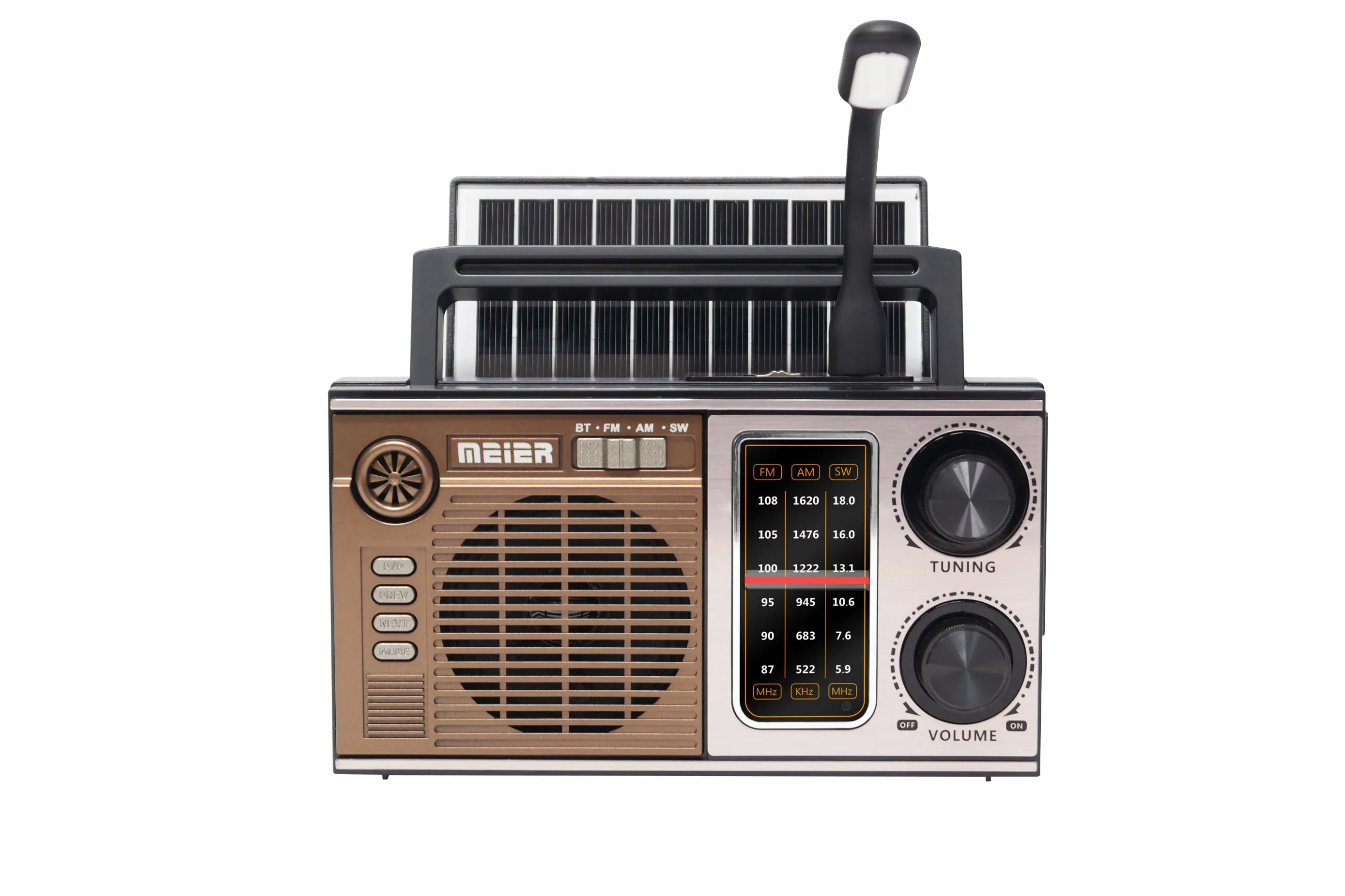 Portable 3-Band Am FM Sw Radio, LED Light, TF Card and MP3 Player, Solor Panel Bluetooth Speaker Reading Lights Meier M-538bts Mini FM/Am Radio