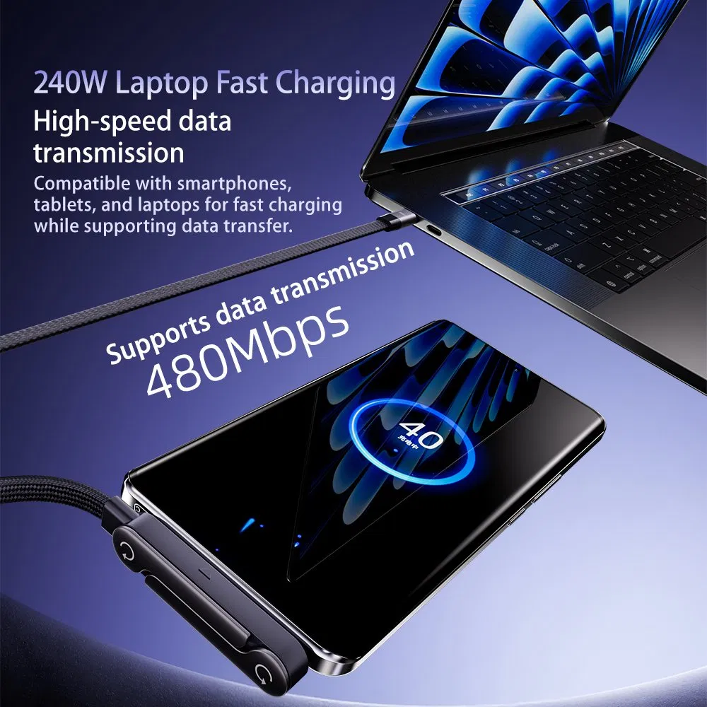 240W USB Type-C to Type-C Fast Charging Cable with 90° Right Angle Connector and 360° Rotating Stand