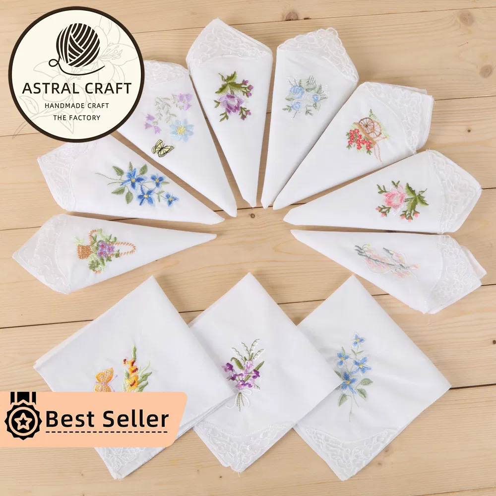 Custom 28cm Embroidered Cotton Handkerchief Cartoon White Dinner Lace Linen Napkins