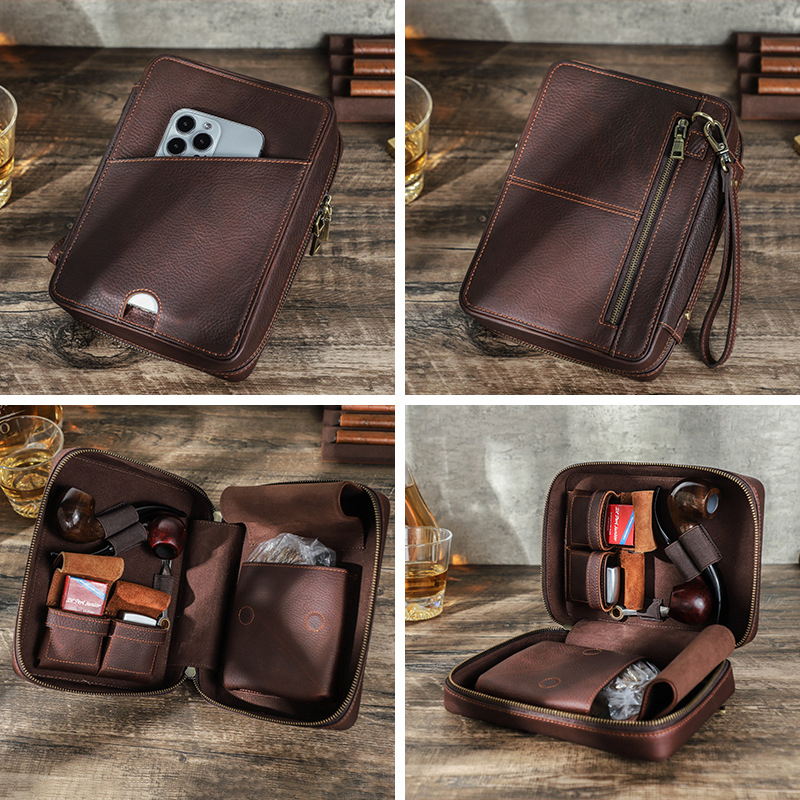 Ga170 Wholesale Industrial Empty Packaging Upper Pipe Smoking Pouch Bags Cigar Kit Raw Smoked Zipper Gift Vintage Genuine Leather Chew Tobacco Bag