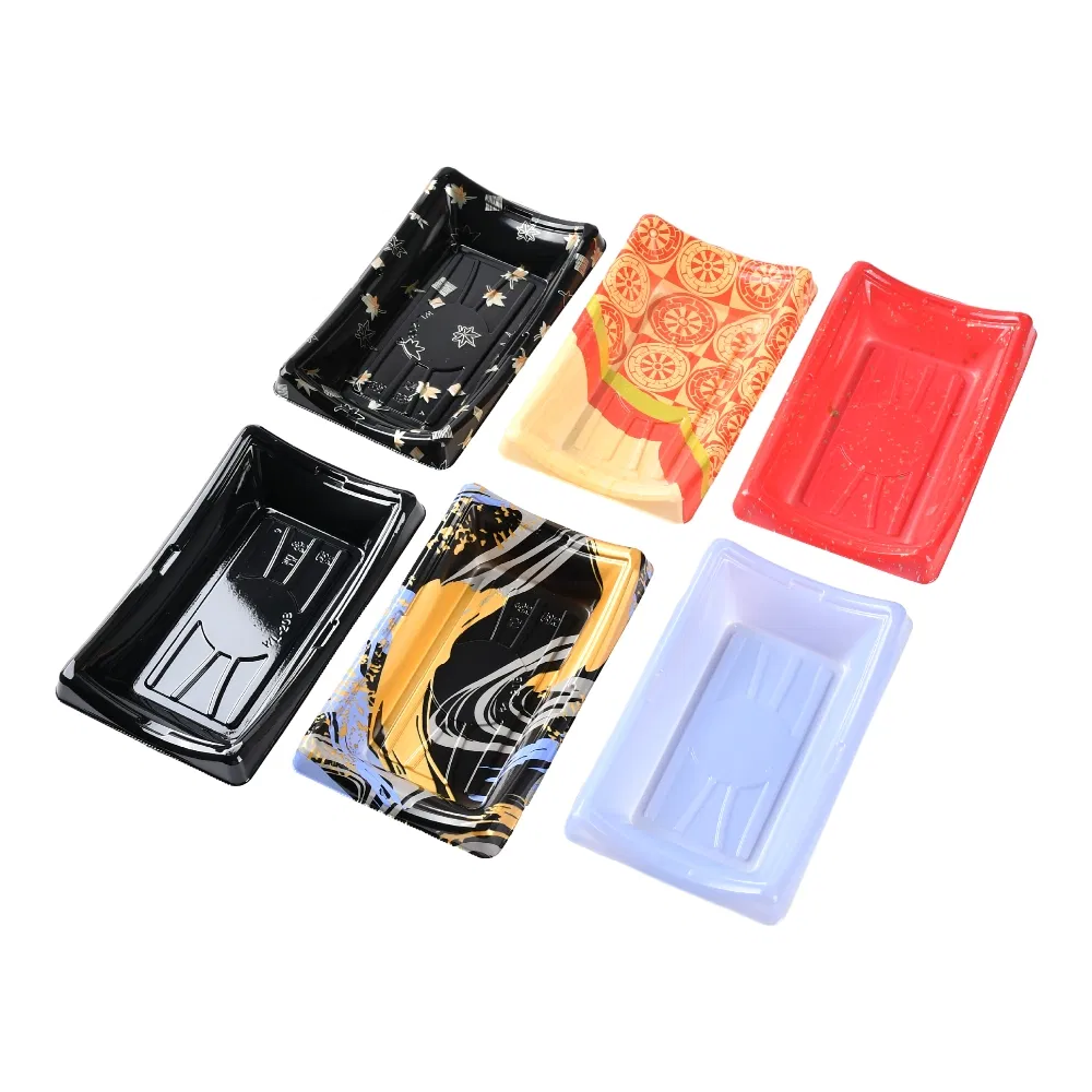 Factory Supplier Catering Food Packing Take Away Airtight Buckle Design Disposable Japanese Sushi Tray Boat Shape Food Container