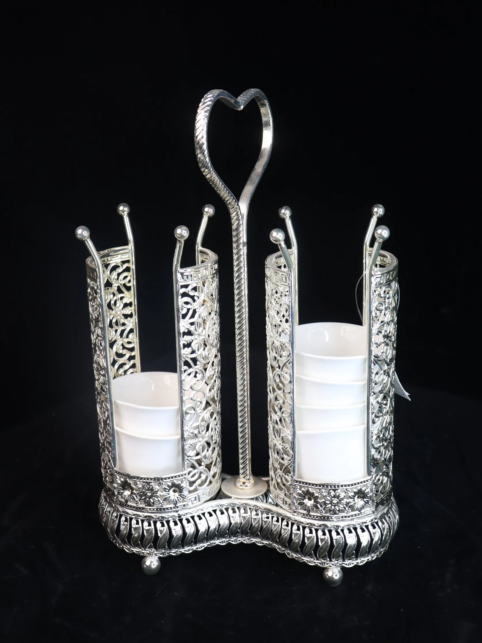 Decorative Silver Plated Iron Frame with Ceramic Tea Cup Decoration Set