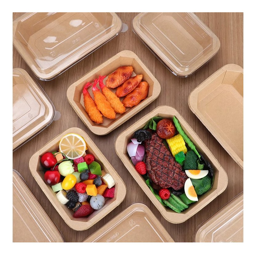 Disposable Oil Resistant Rectangle Octagon Bar Restaurant Food Display Kraft Containers with Transparent Lid Square Rice Fruit Salad Takeaway Paper Bowl