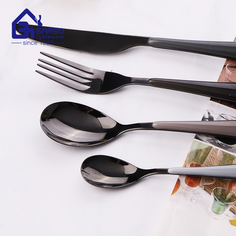 Hot Sale High-End Handmade Black Stainless Steel Polishing Flatware Set Tableware Set Electronic-Plating Knife Fork Spoon Light with Classical Plastic Handle