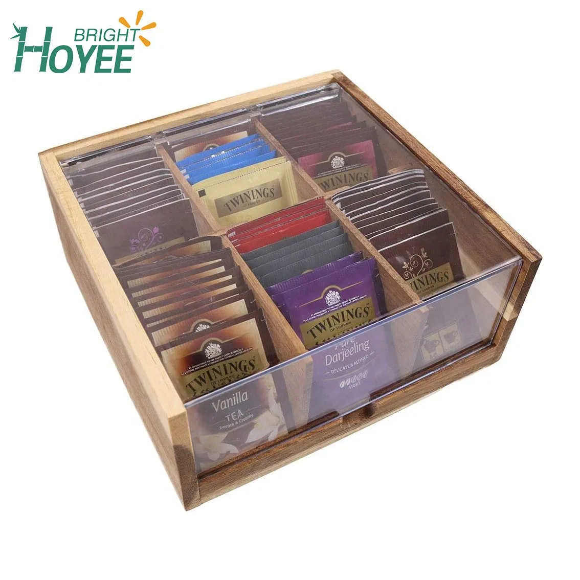 Acacia Wood Tea Bag Organizer Storage Box 6 Compartments Tea Chest Box with Acrylic Transparent Hinged Lid