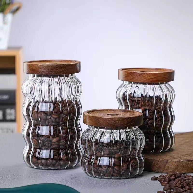 350ml 550ml 750ml Popular Glass Storage Sealed Jar Heat Resistant Wood Lid for Coffee Bean Snack