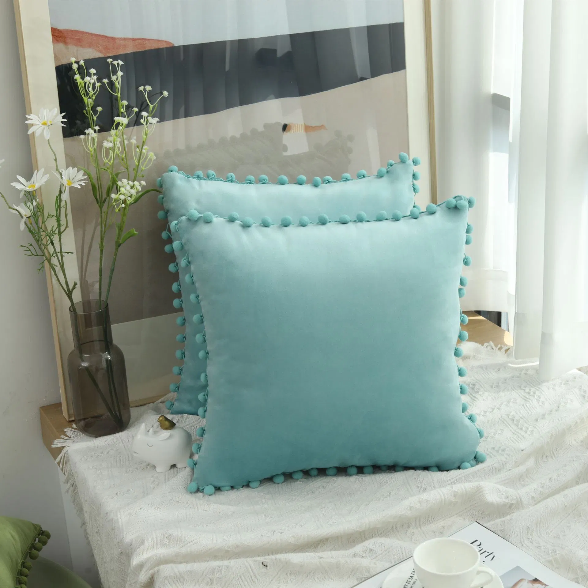 Throw Pillow Cases, Cozy Solid Dyed Soft Chenille Cushion Covers with POM Poms for Couch