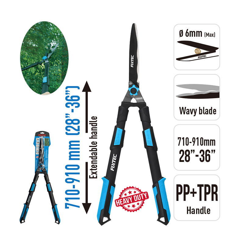 Fixtec High Quality 710-910mm Ratchet Hedge Shears 6mm Garden Grass Telescopic Hedge Shears