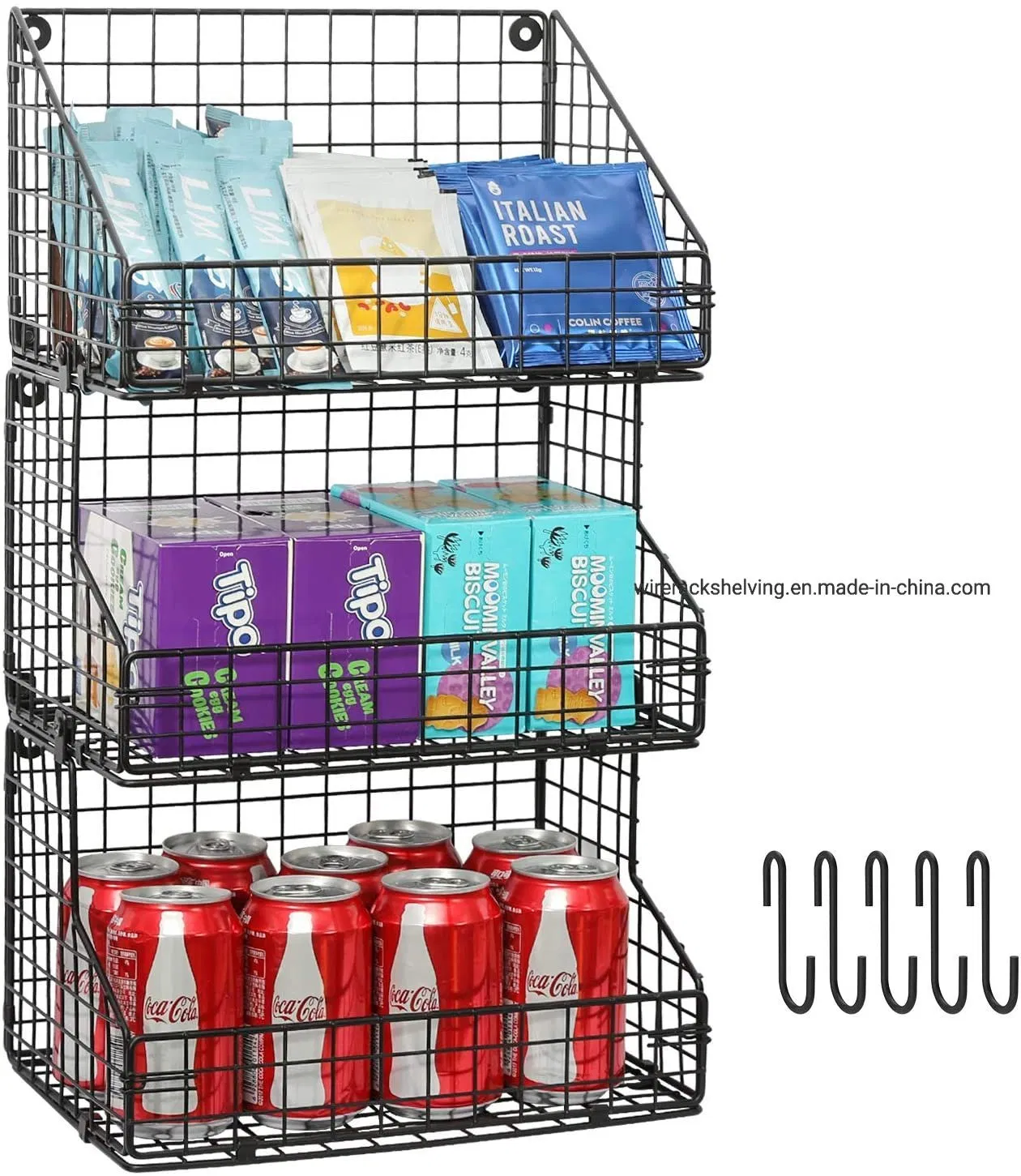 Metal Wire Basket Coffee Snack Rack Wall Mount Shelf for Office Kitchen