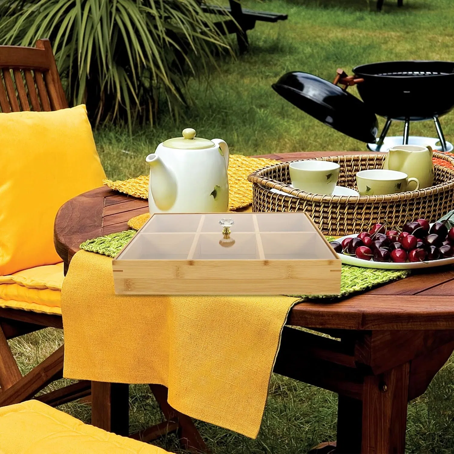 Bamboo Household Living Room Transparent Cover Six Grid Dried Fruit Box