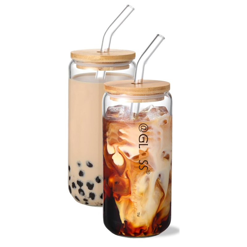 Wholesale High Borosilicate Glass Cup with Bamboo Lid and Straw Cola Cups Mugs