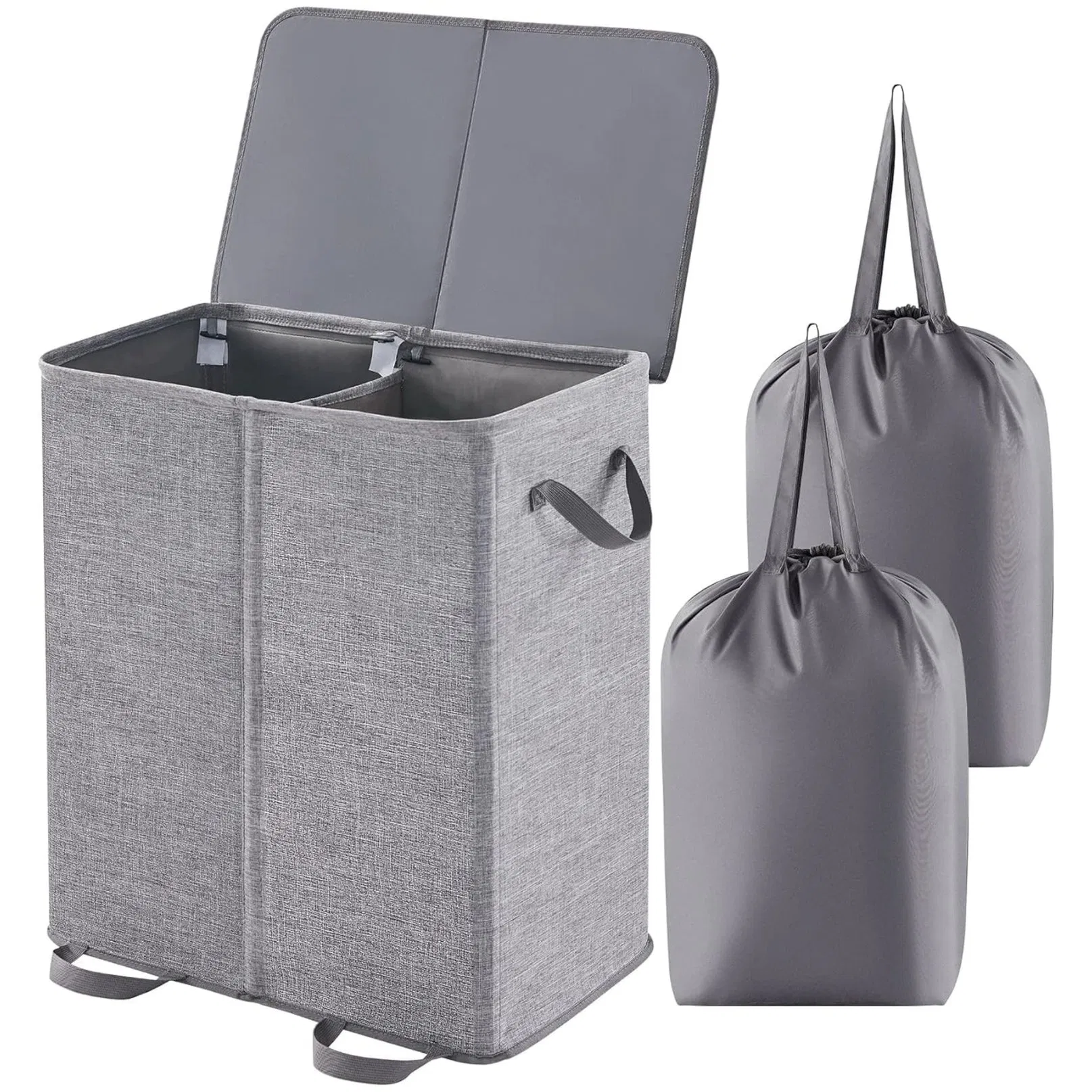 Double Laundry Hamper with Lid Removable Bags Collapsible 2-Divider Gray Basket Ez30564