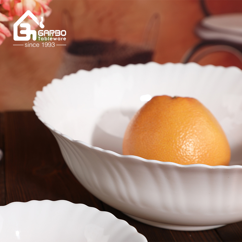 White Opal Glass Salad Bowls 9inch Jade Flower Edge Plates Opalware